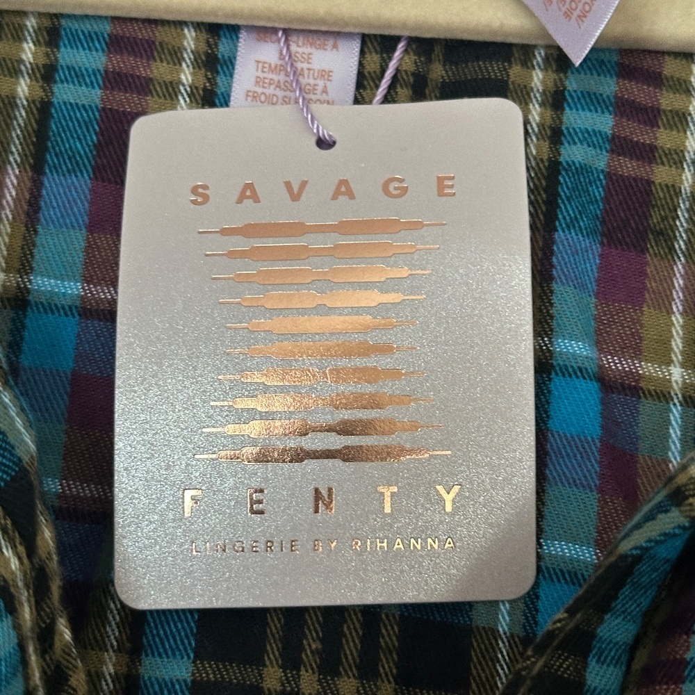 Brand New Savage X Fenty Tied Up Tartan Raw Hem Sleep Shirt Plaid Blue Size XL - Picture 4 of 8